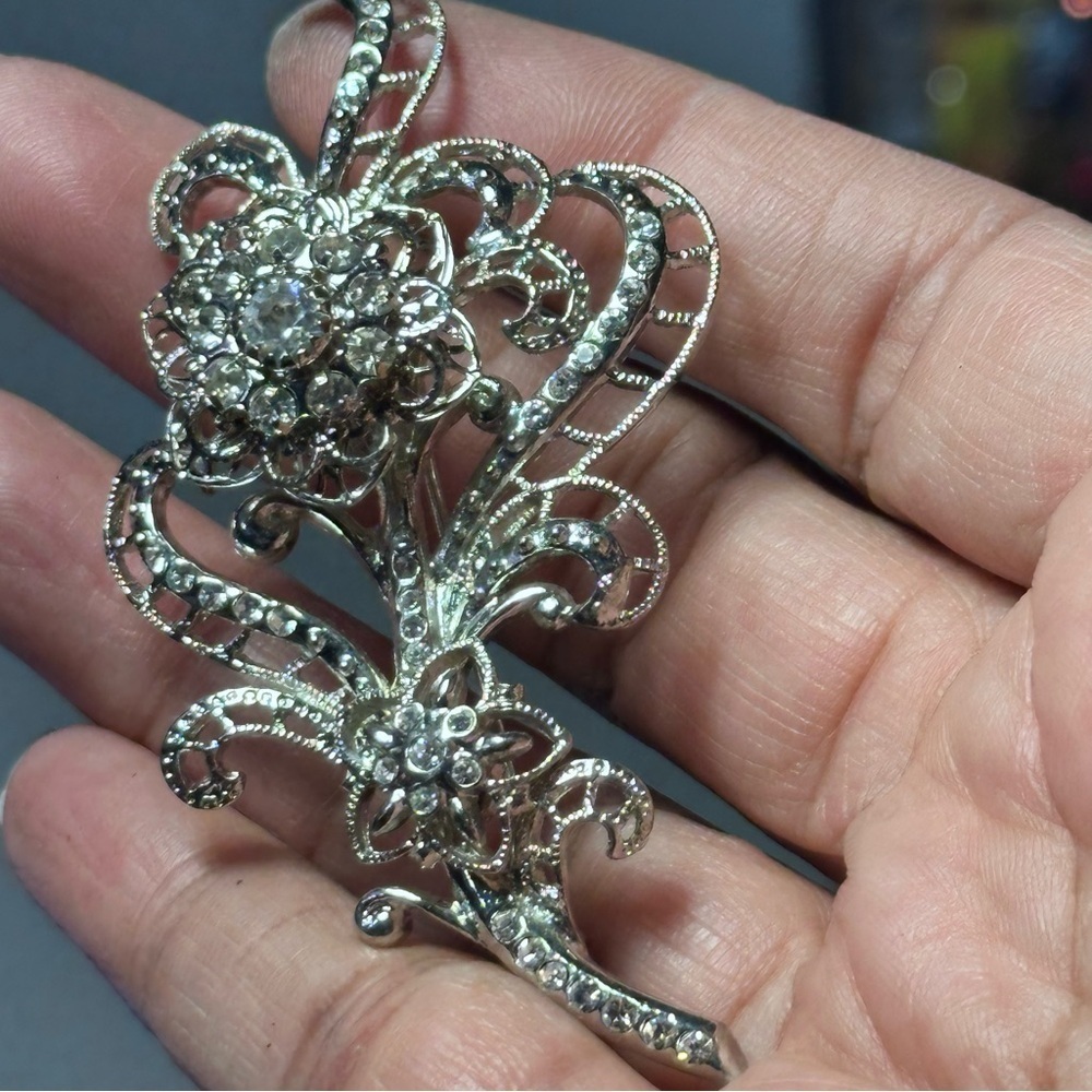 Articulating Intricate Silver tone and Crystal Brooch